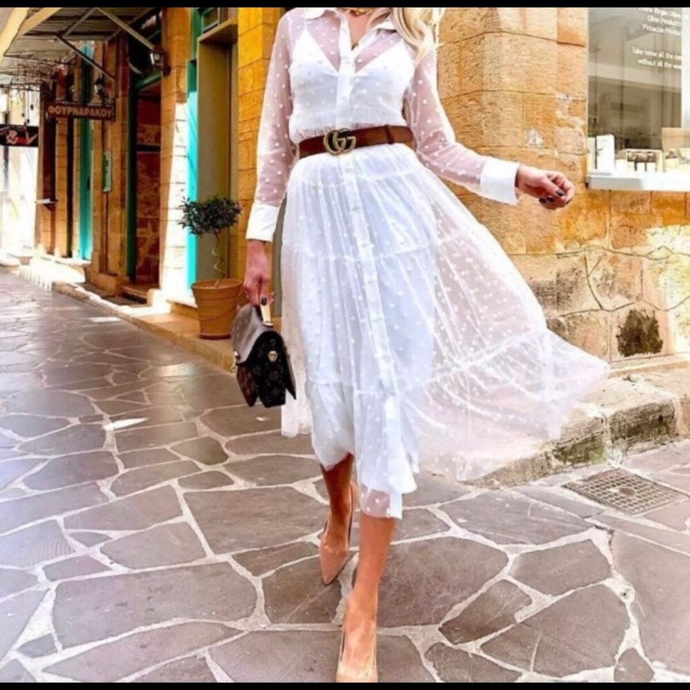 Zara White Polka Dot Tulle Sheer Dress